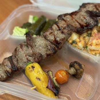Chicken Maison - grilled meat and vegetables in a plastic container - Middle Eastern Near Me - Redondo Beach, California Chicken Maison - grilled meat and vegetables in a plastic container - Middle Eastern Near Me - Redondo Beach, California