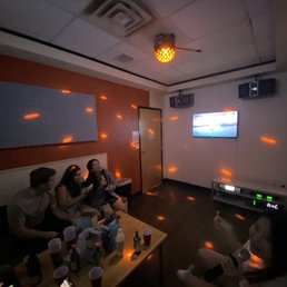 a group of people sitting in a room