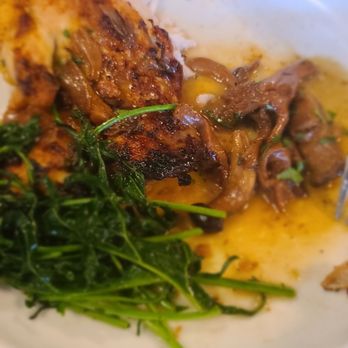 Harper's - Half roasted chicken, sherry mushroom ragout, spigarello, gremolata. Taken after meal was partially devoured - New American Near Me - Dobbs Ferry, New York