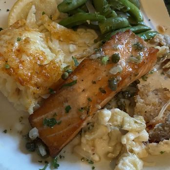 Quivey's Grove - Salmon with Parmesan Potato and Pea Pods - New American Near Me - Fitchburg, Wisconsin