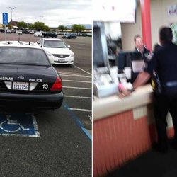 Salinas Police Department - Photo taken by KSBW 8 News: Salinas police officer parked in handicap parking spot in order to get his lunch.