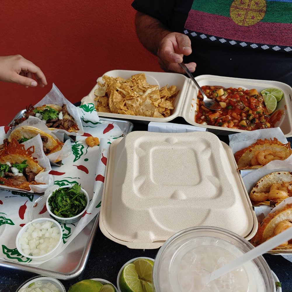 Shrimp quesadilla tacos, carne asada quesadilla tacos, shrimp tostada, ceviche, agua fresca de limon, horchata. Awesomeness