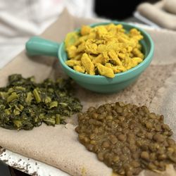 Benyam Cuisine - Doro Tibs Mild Gomen (collard greens) Deffen Mesir Alicha (whole lentils)