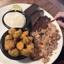Fried okra, mashed potatoes, ribs, and pulled pork
