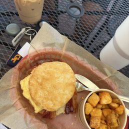 Bacon egg and cheese biscuit Potatoes Iced vanilla latte Bacon egg and cheese biscuit Potatoes Iced vanilla latte