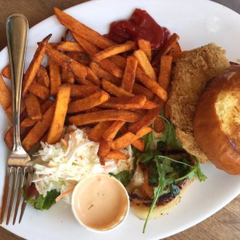 Peaches Grand - Whiting on brioche bun with sweet potato fries and coleslaw. - Seafood Near Me - Brooklyn, New York Peaches Grand - Whiting on brioche bun with sweet potato fries and coleslaw. - Seafood Near Me - Brooklyn, New York