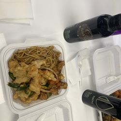 Chow mein, fried fish, Chung Pao chicken