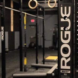 Fit One Four - Rogue dip bars, olympic rings, and peg board