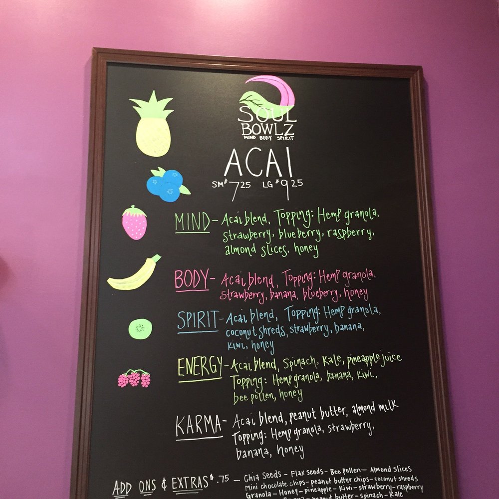 Soul Bowlz - The menu - smoothie menu not shown - Juice Bars & Smoothies Near Me - Fairhope, Alabama Soul Bowlz - The menu - smoothie menu not shown - Juice Bars & Smoothies Near Me - Fairhope, Alabama
