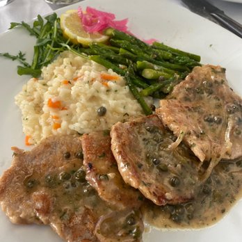 Brent's Bistro - Veal piccata  Parmesan risotto and asparagus - New American Near Me - Wilmington, North Carolina