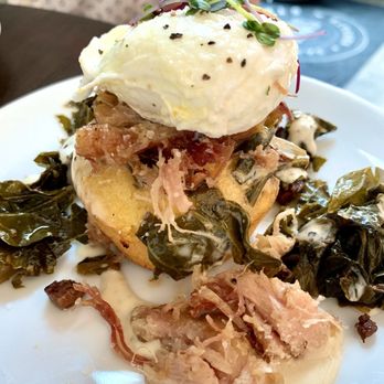 Soho Standard - Eggs benedict with collard greens and pulled bacon with white bbq sauce - Food Near Me - Homewood, Alabama Soho Standard - Eggs benedict with collard greens and pulled bacon with white bbq sauce - Food Near Me - Homewood, Alabama