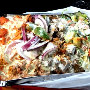 Shah's Halal Food - Chicken/Gyro Halal Combo, with white and hot sauce. Peppers & Onions add on. - Halal Near Me - Selden, New York Shah's Halal Food - Chicken/Gyro Halal Combo, with white and hot sauce. Peppers & Onions add on. - Halal Near Me - Selden, New York