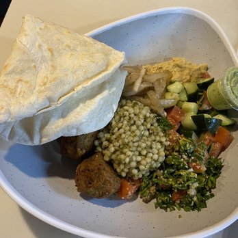Pinched on the River - Falafel bowl with basil pesto pearled cous cous - Mediterranean Near Me - Chicago, Illinois