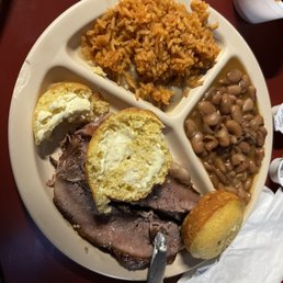 Great brisket, beans, rice and corn bread. Great brisket, beans, rice and corn bread.