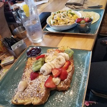 First Watch - Floridian French toast on the left and Mexican corn Skillet hash on the right! Delicious down to the last drop - Cafes Near Me - Hampton, Virginia First Watch - Floridian French toast on the left and Mexican corn Skillet hash on the right! Delicious down to the last drop - Cafes Near Me - Hampton, Virginia