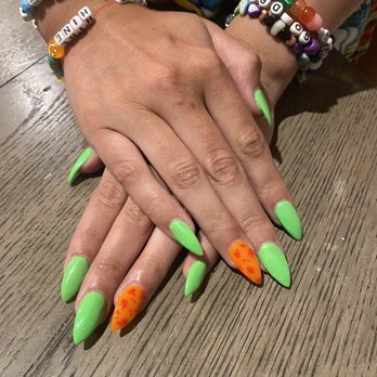 Solar Nails & Spa - Neon green stiletto with orange and red cow print - Nail Salons Near Me - Camarillo, California Solar Nails & Spa - Neon green stiletto with orange and red cow print - Nail Salons Near Me - Camarillo, California