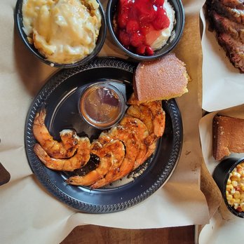 Mission BBQ - Black Plate Special BBQ Shrimp, cheesey potatoes & Cherry Cheesecake - Barbeque Near Me - Dover, Delaware