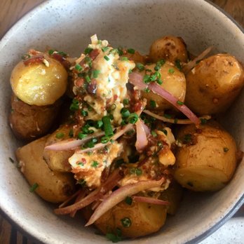 Common Lot - Fingerling potatoes cooked in lamb fat, burrata, onions, bacon marmalade, EVO. Superb. - New American Near Me - Millburn, New Jersey Common Lot - Fingerling potatoes cooked in lamb fat, burrata, onions, bacon marmalade, EVO. Superb. - New American Near Me - Millburn, New Jersey