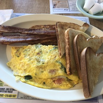 Betty's Too - Created my own omelette (American, spinach, and tomatoes) w/bacon on the side. - Breakfast & Brunch Near Me - Leeds, New York Betty's Too - Created my own omelette (American, spinach, and tomatoes) w/bacon on the side. - Breakfast & Brunch Near Me - Leeds, New York