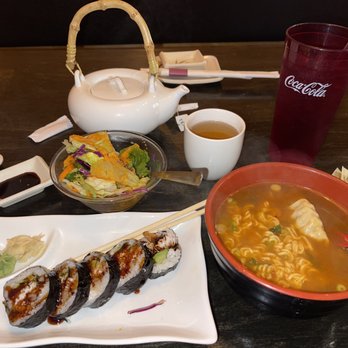 Sushi Cafe - Lunch special Spicy ramen and shrimp tempura roll, House salad and jasmine tea - Japanese Near Me - Arlington, Texas