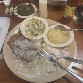 Lambert's Cafe - Chicken Fried Steak dinner with chunky applesauce and cucumber salad. - Seafood Near Me - Foley, Alabama