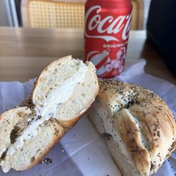 Delicious everything bagel toasted with cream cheese.