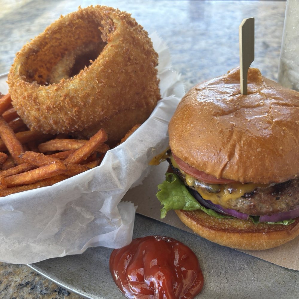 Cheeseburger, Sweet Potato Fries & Onion Rings Cheeseburger, Sweet Potato Fries & Onion Rings
