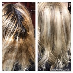 Trust Salon and Day Spa - Before and after. Platinum blonde highlights with a light brown for contrast. Color by Loree.