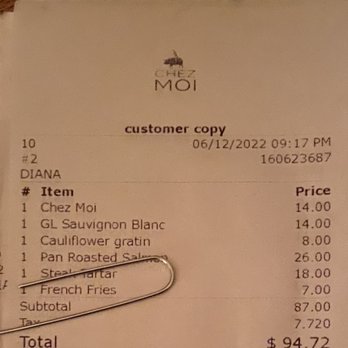 Chez Moi - Receipt - French Near Me - Brooklyn, New York