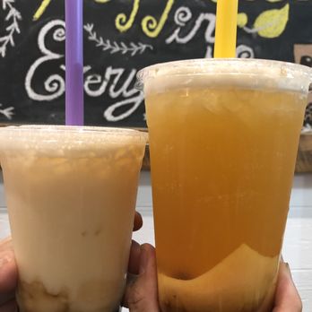 Cha For Tea - Long Beach - Left: regular peach green milk tea with boba. Right: large peach green tea with half pudding and half boba - Coffee & Tea Near Me - Long Beach, California Cha For Tea - Long Beach - Left: regular peach green milk tea with boba. Right: large peach green tea with half pudding and half boba - Coffee & Tea Near Me - Long Beach, California