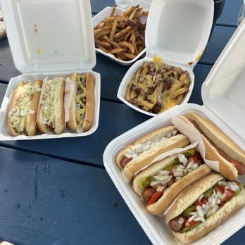 Hazel's Hot Dogs - Chicago, Spicy, Slaw, Chili Cheese Slaw, Plain. Large regular fries and small chili cheese fries. - Hot Dogs Near Me - Saint Augustine, Florida