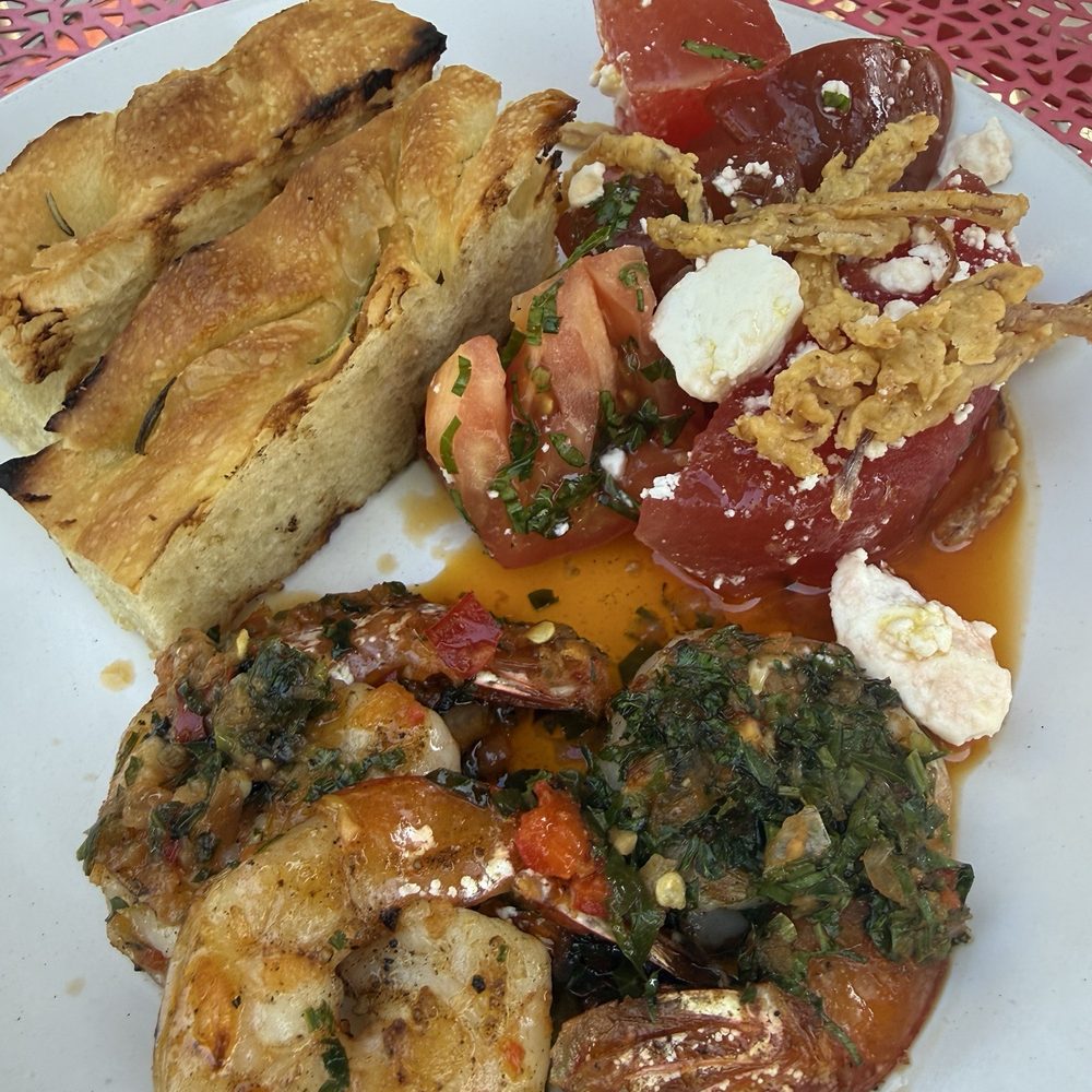 Shangri La - Mixed plate. Focaccia bread for the garlic shrimp  And watermelon tomato salad with feta and fried onion - New American Near Me - Fair Oaks, California