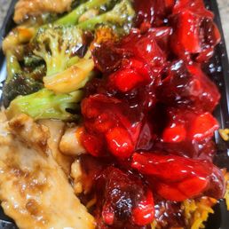 chicken, broccoli, and cranberry sauce