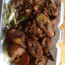 Restaurant 5oh4 - Medium brown stew chicken ($7.50) w/ fried plantains and cabbage