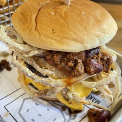 Wahlburgers @ Hy-Vee - Double cheese burger with chili and onion strings