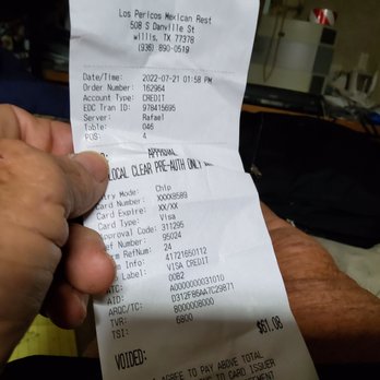 Los Pericos - This was what Rafael gave me to endorse for credit card payment for $61.08 - Mexican Near Me - Willis, Texas