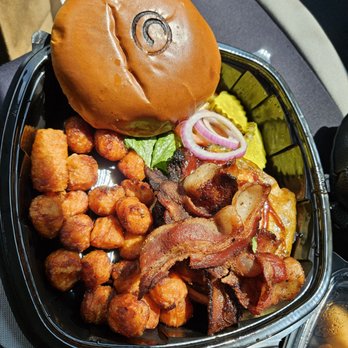 Cowbell Rock Row - BBQ Bacon Cheese burger with sweet potato tots - Sports Bars Near Me - Westbrook, Maine Cowbell Rock Row - BBQ Bacon Cheese burger with sweet potato tots - Sports Bars Near Me - Westbrook, Maine