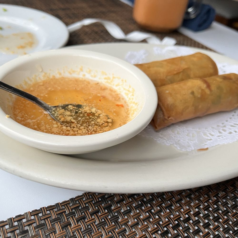 a bowl of soup and a plate of vegetable spring rolls a bowl of soup and a plate of vegetable spring rolls