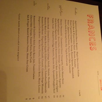 Frances - Menu - New American Near Me - San Francisco, California