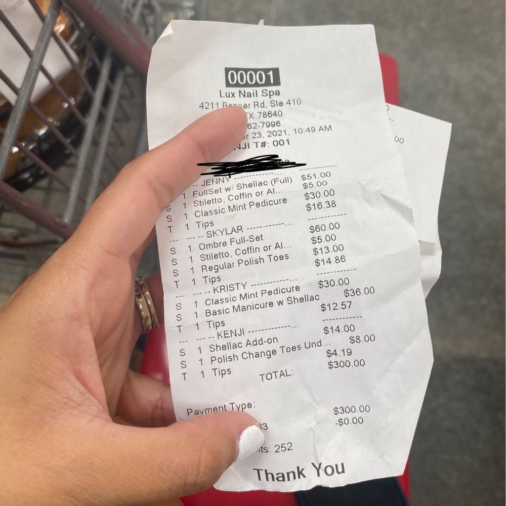 Lux Nail Spa - Receipt - Nail Salons Near Me - Kyle, Texas Lux Nail Spa - Receipt - Nail Salons Near Me - Kyle, Texas