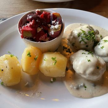 Weller's Bistro - Königsberger Klopse (Beef/Pork Meatballs) With a white caper sauce, boiled potatoes, and a Beet/Apple Salad - German Near Me - Layton, Utah