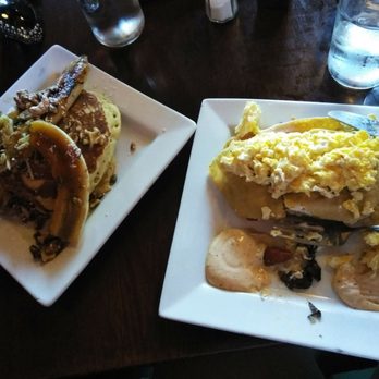 Rooster - Downtown - Pancakes with carmelized bananas and nuts, goat #1 crepe with scrambled eggs on top. - Creperies Near Me - St. Louis, Missouri Rooster - Downtown - Pancakes with carmelized bananas and nuts, goat #1 crepe with scrambled eggs on top. - Creperies Near Me - St. Louis, Missouri