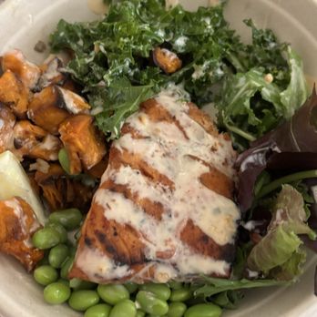 Urbane Cafe - Salmon Bowl sub rice for salad-  salmon overcooked though - Salad Near Me - Orange, California
