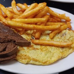 Custom 5 egg omlette with bacon, sausage, american cheese) i substituted homefries for french fries and got rye bread Custom 5 egg omlette with bacon, sausage, american cheese) i substituted homefries for french fries and got rye bread