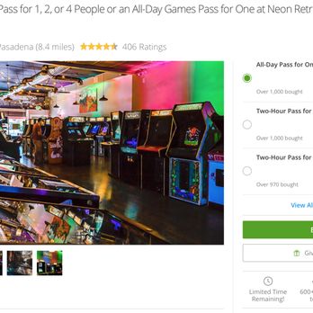 Neon Retro Arcade - The way their Groups offer is listed, it doesn't make it clear that the 2 hour offer for 2 or 4 people DOESN'T work on Saturdays. Misleading - Arcades Near Me - Pasadena, California Neon Retro Arcade - The way their Groups offer is listed, it doesn't make it clear that the 2 hour offer for 2 or 4 people DOESN'T work on Saturdays. Misleading - Arcades Near Me - Pasadena, California