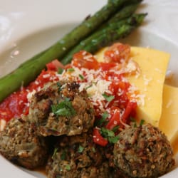 Caffé Molise - Polpette di Melanzana ~ vegetarian eggplant meatballs with grilled fresh asparagus, tomato shallot cream, and polenta.