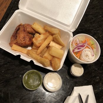 Charga - Sajji style 1/4 chicken with salad and yucca. Comes with green sauce and white sauce. - American Near Me - Arlington, Virginia Charga - Sajji style 1/4 chicken with salad and yucca. Comes with green sauce and white sauce. - American Near Me - Arlington, Virginia
