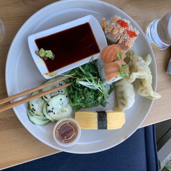 The Sushi Joint - Washougal roll, chili ponzu roll, seaweed salad, cucumber salad, tomato, gyoza. Yum! - Sushi Bars Near Me - Camas, Washington