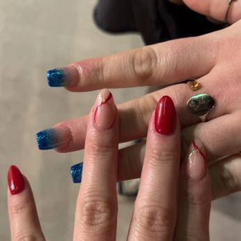 Nails Haven - Red and gold acrylics and blue ombré acrylics. - Nail Salons Near Me - San Jose, California Nails Haven - Red and gold acrylics and blue ombré acrylics. - Nail Salons Near Me - San Jose, California