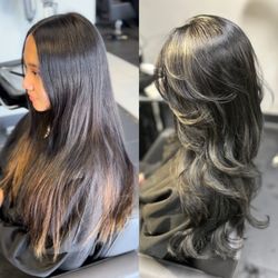 Hair From Helen - Long hair Wolf cut. Black highlights with dark ash baby lights